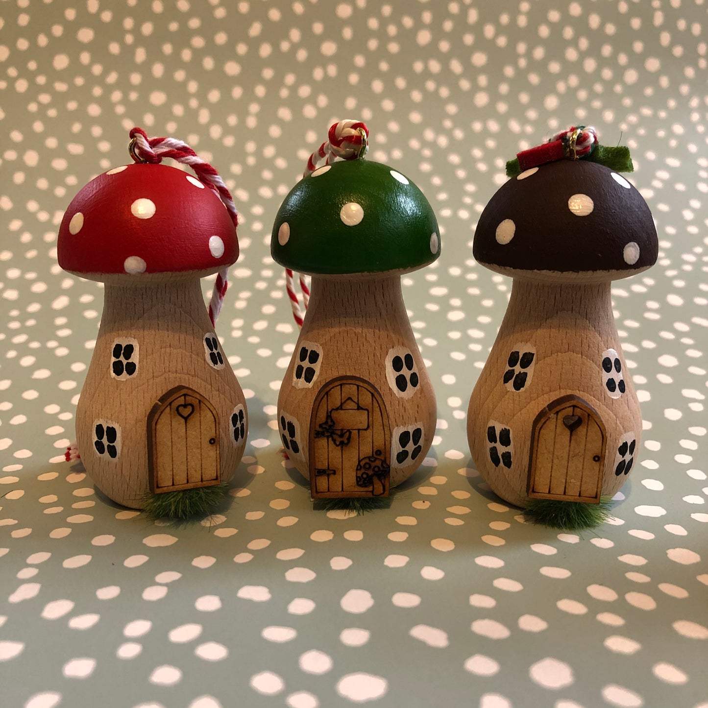 Set of 3 Handpainted Wooden Toadstool Christmas Tree Decorations - Free Delivery