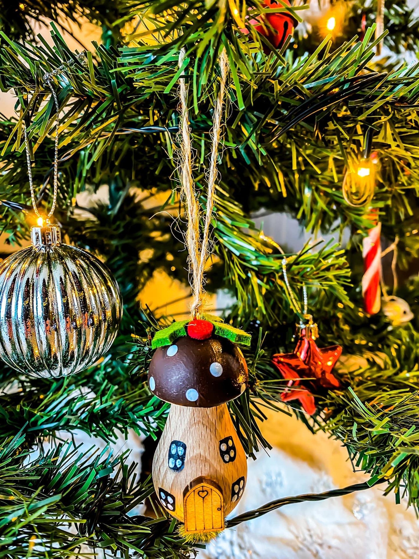 Set of 4 Handpainted Wooden Toadstool Christmas Tree Decorations - Free Delivery
