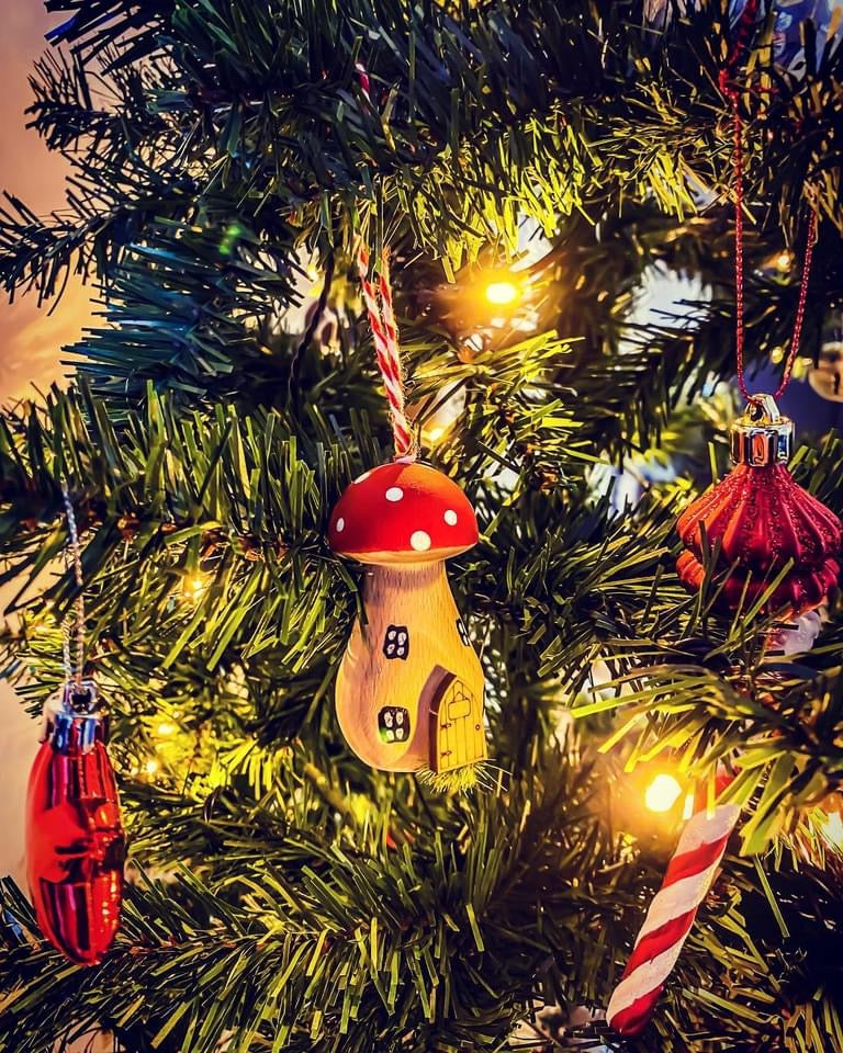 Set of 4 Handpainted Wooden Toadstool Christmas Tree Decorations - Free Delivery