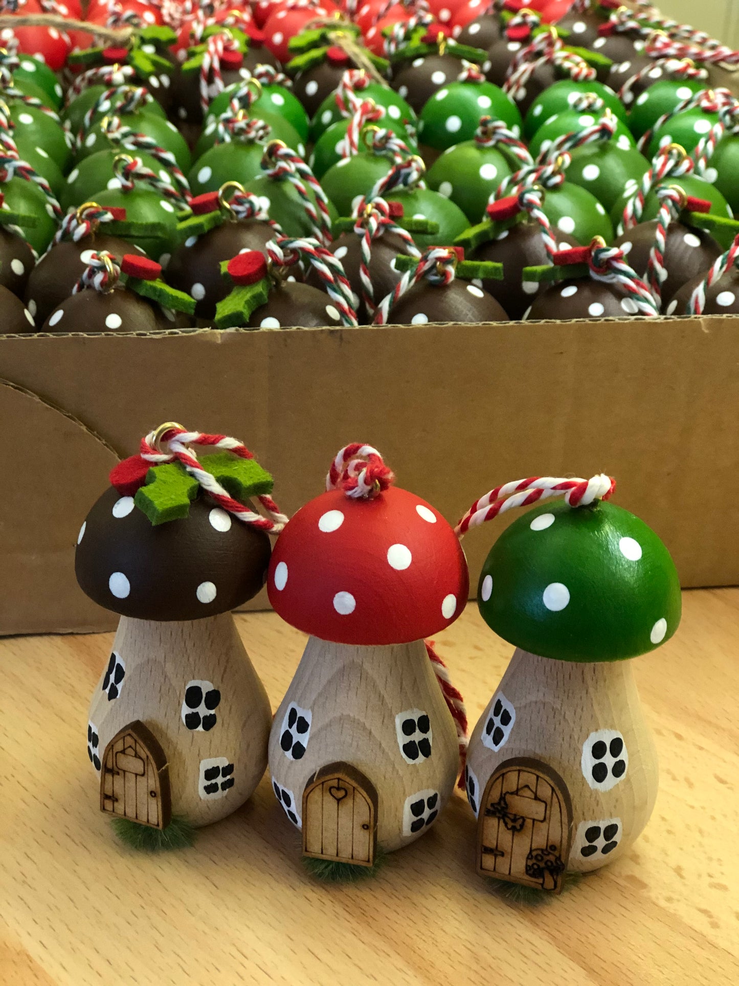 Set of 4 Handpainted Wooden Toadstool Christmas Tree Decorations - Free Delivery
