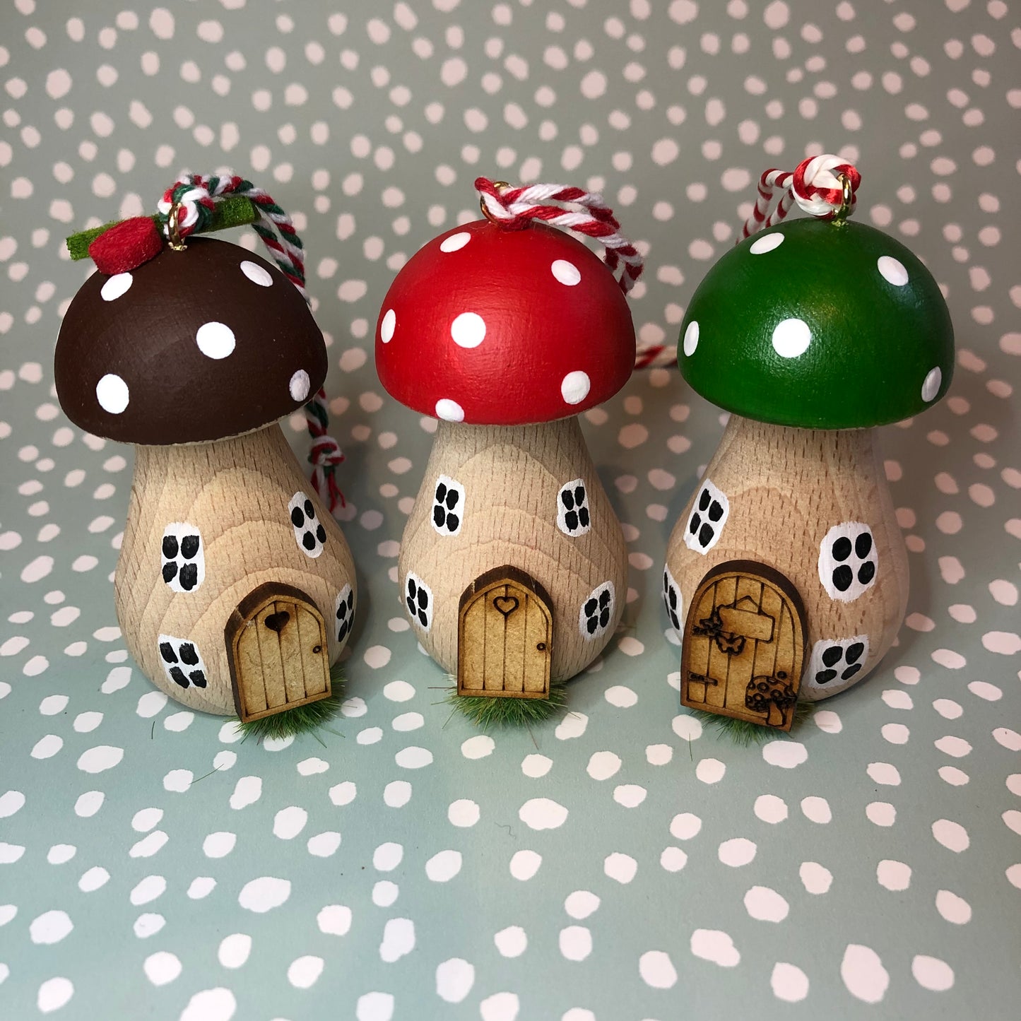 Set of 4 Handpainted Wooden Toadstool Christmas Tree Decorations - Free Delivery