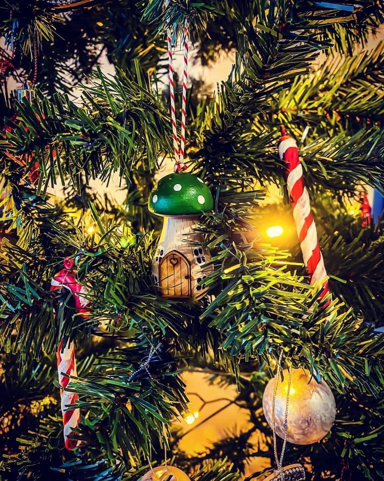 Set of 4 Handpainted Wooden Toadstool Christmas Tree Decorations - Free Delivery