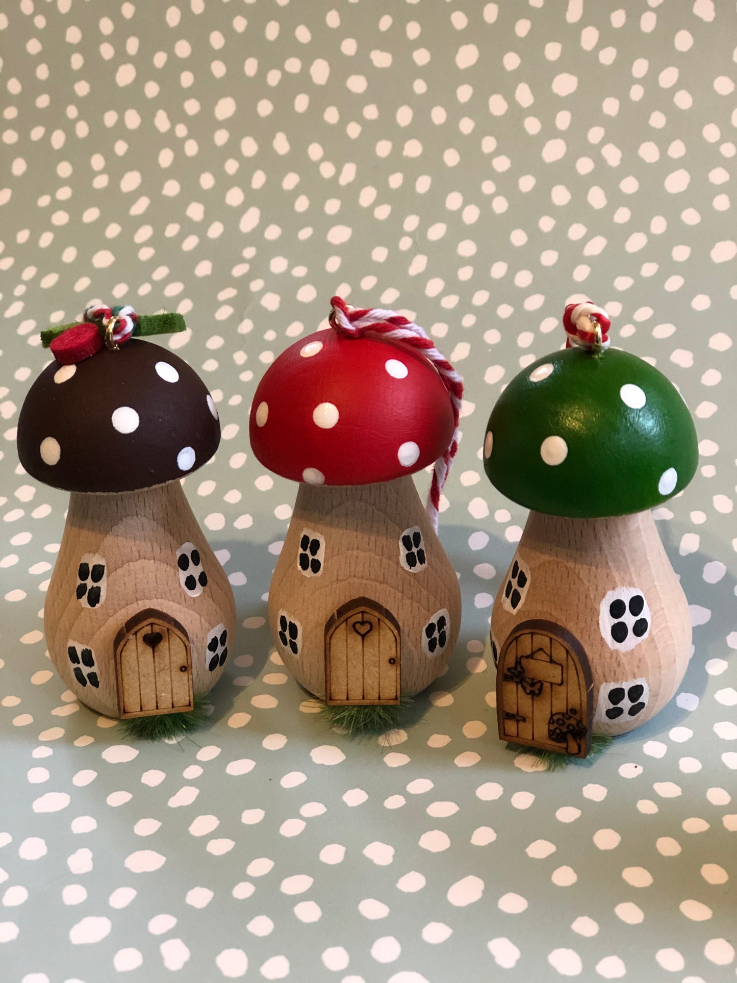 Set of 4 Handpainted Wooden Toadstool Christmas Tree Decorations - Free Delivery