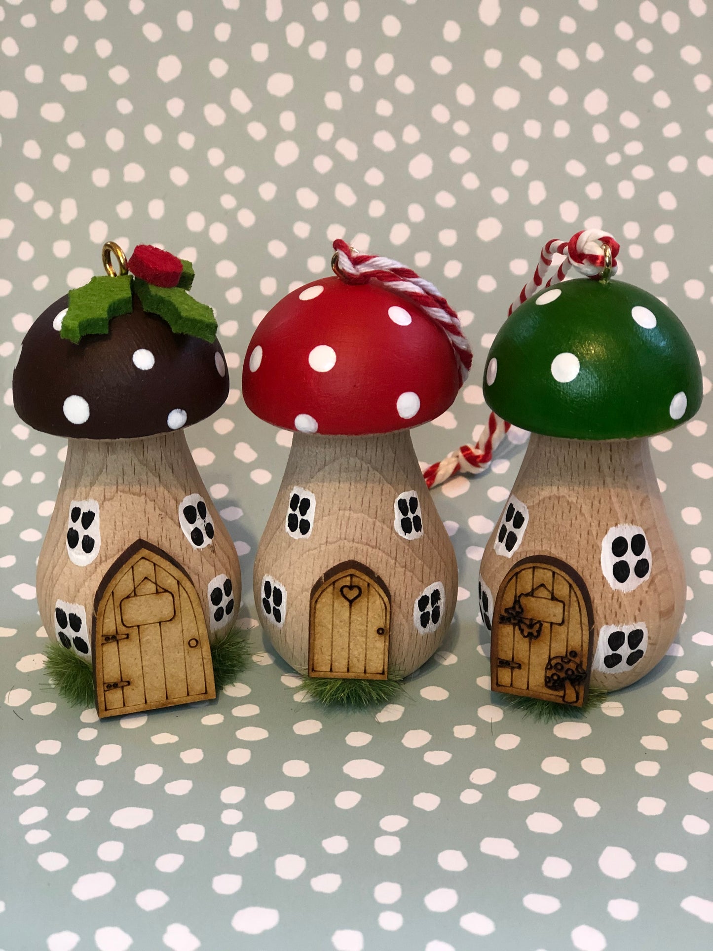Set of 3 Handpainted Wooden Toadstool Christmas Tree Decorations - Free Delivery