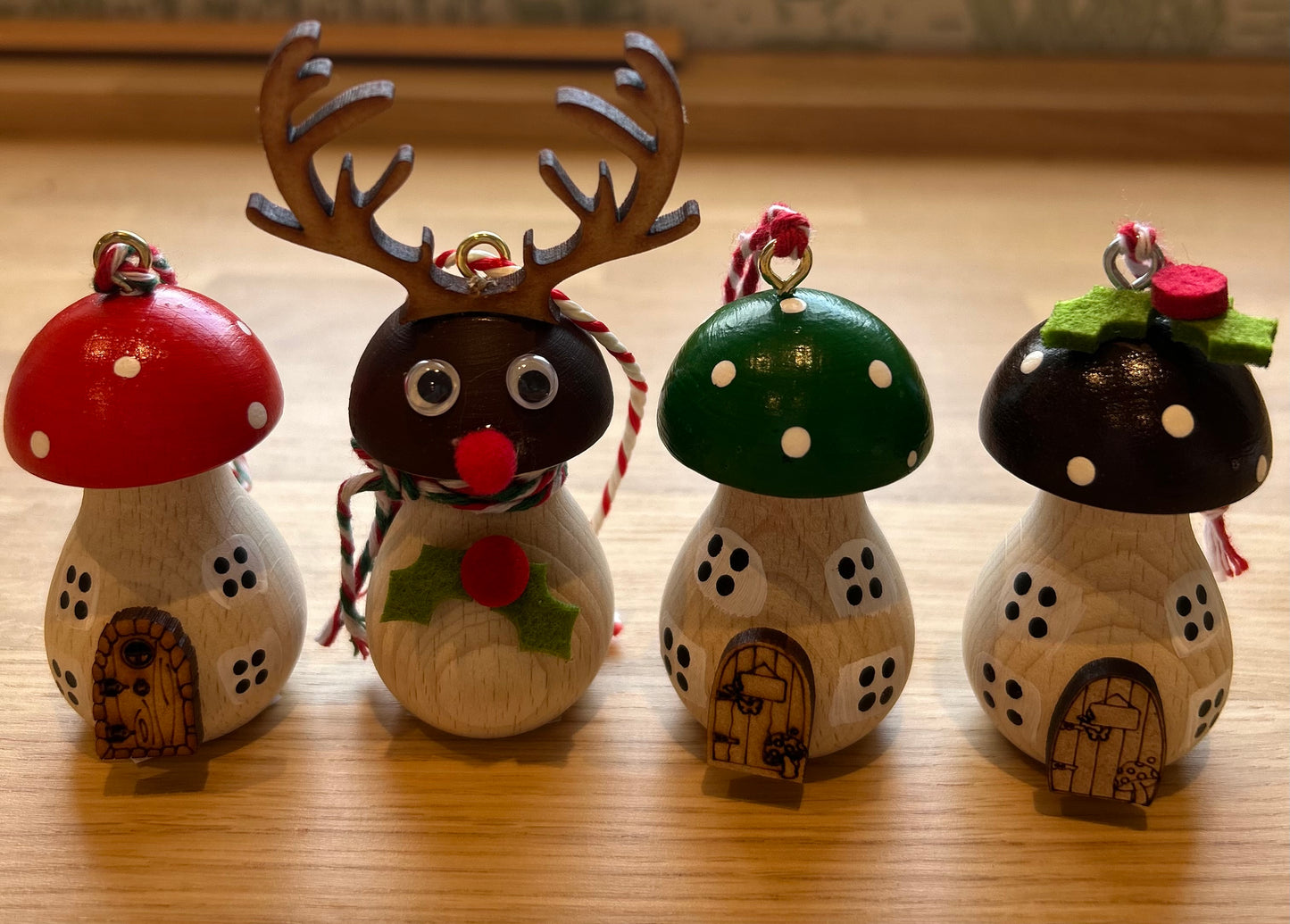 Set of 4 Handpainted Wooden Toadstool Christmas Tree Decorations - Free Delivery