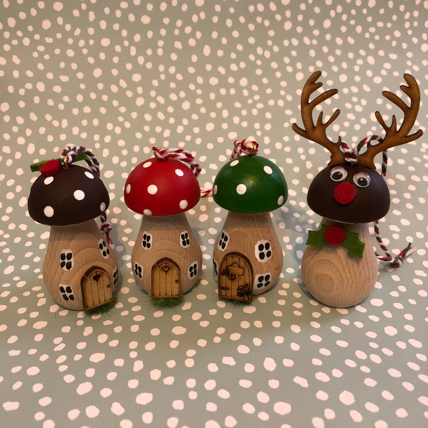 Set of 4 Handpainted Wooden Toadstool Christmas Tree Decorations - Free Delivery