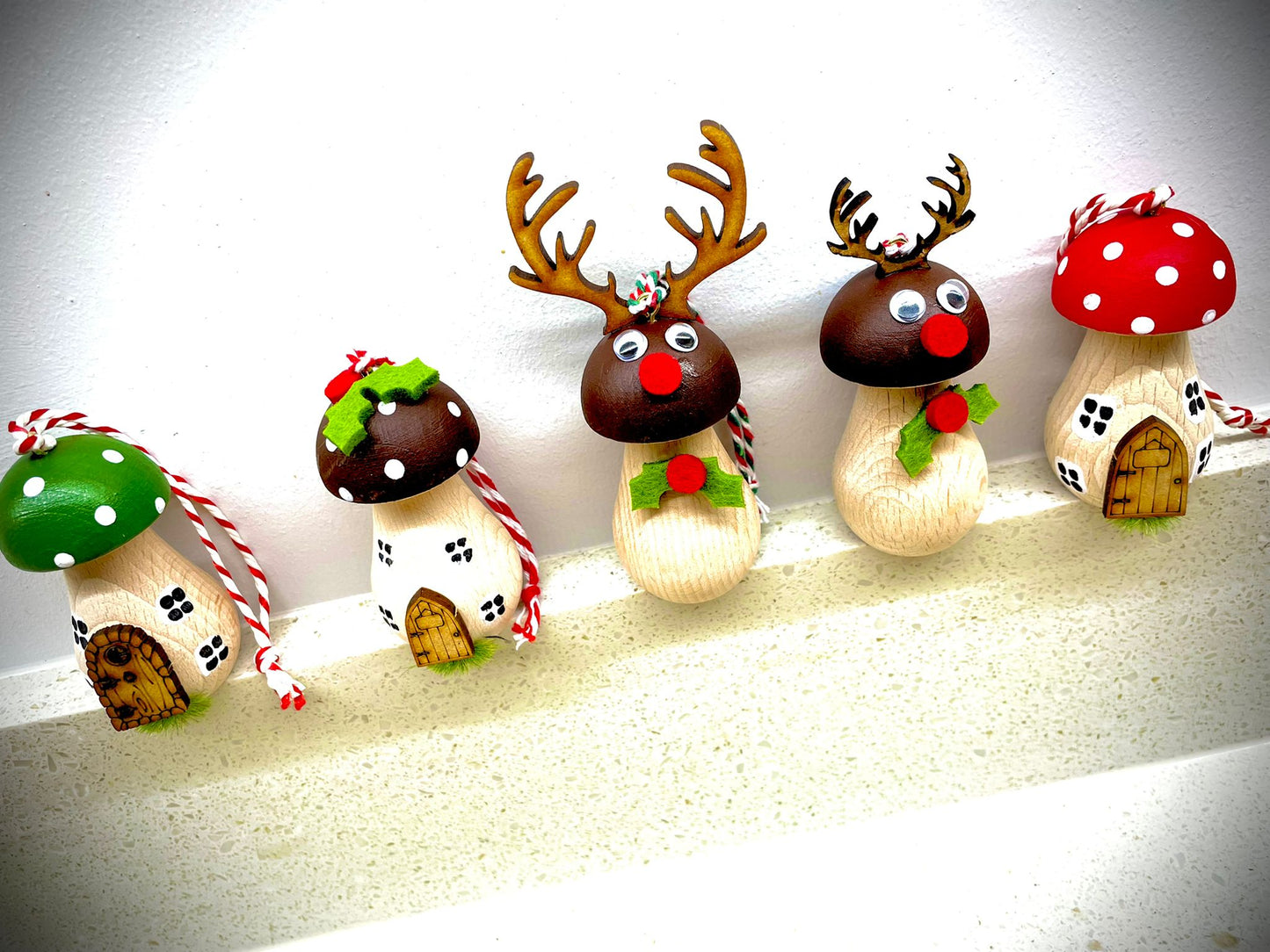 Set of 4 Handpainted Wooden Toadstool Christmas Tree Decorations - Free Delivery